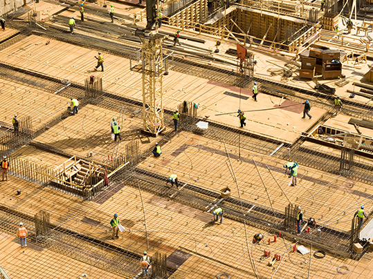 Overhead shot of construction workers building